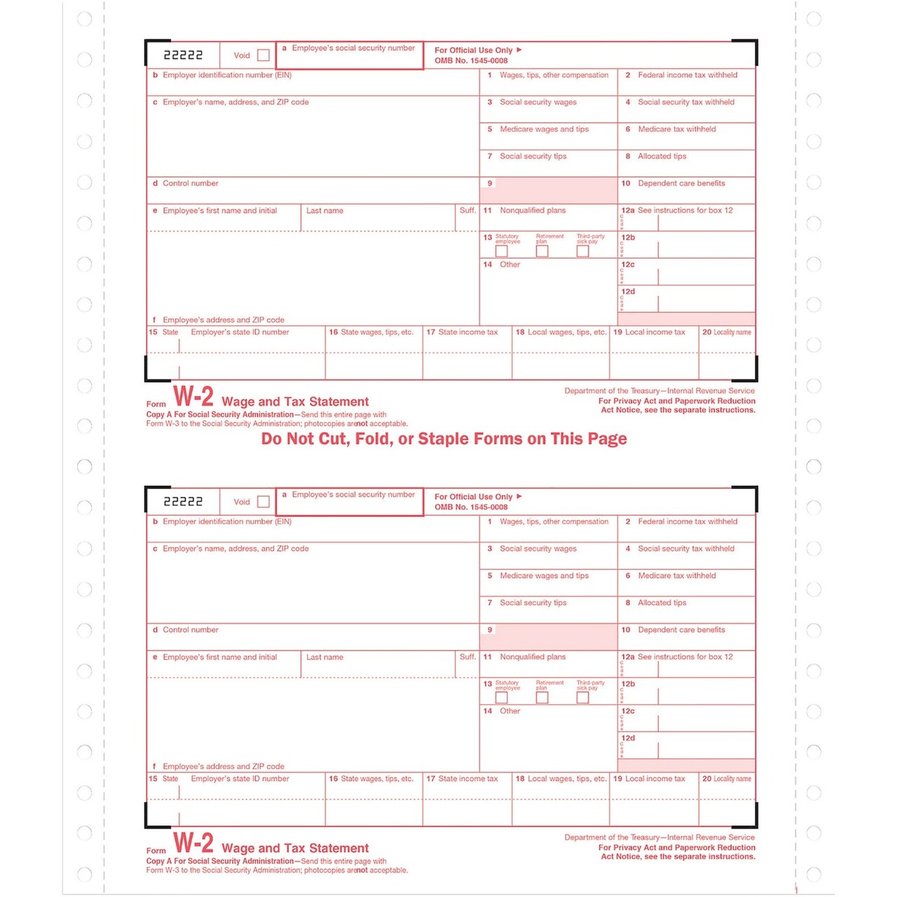 TOPS W 2 Tax Forms for Dot Matrix Printers/Typewriters 4 Part 24 Sets/Pack